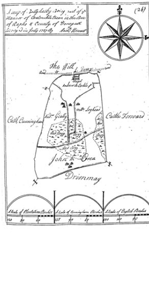 Hand-drawn estate map of Ballyhasky, 1727, showing Andrew McCorkle's house and holding beside Castle Cunningham and Castle Forward, with the holdings of Andw Geally, Wm Loghead and John McCrea