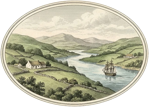 Emblem of the Foyle McCorkells study: a shield showing the Foyle winding between green hills to a church spire, a gold star above and an open book below, framed by oak leaves and acorns