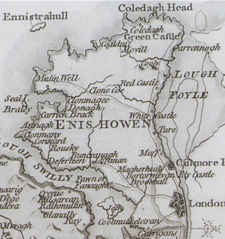 An early engraved map of Inishowen showing Moville, Green Castle, Red Castle, Lough Foyle and Londonderry