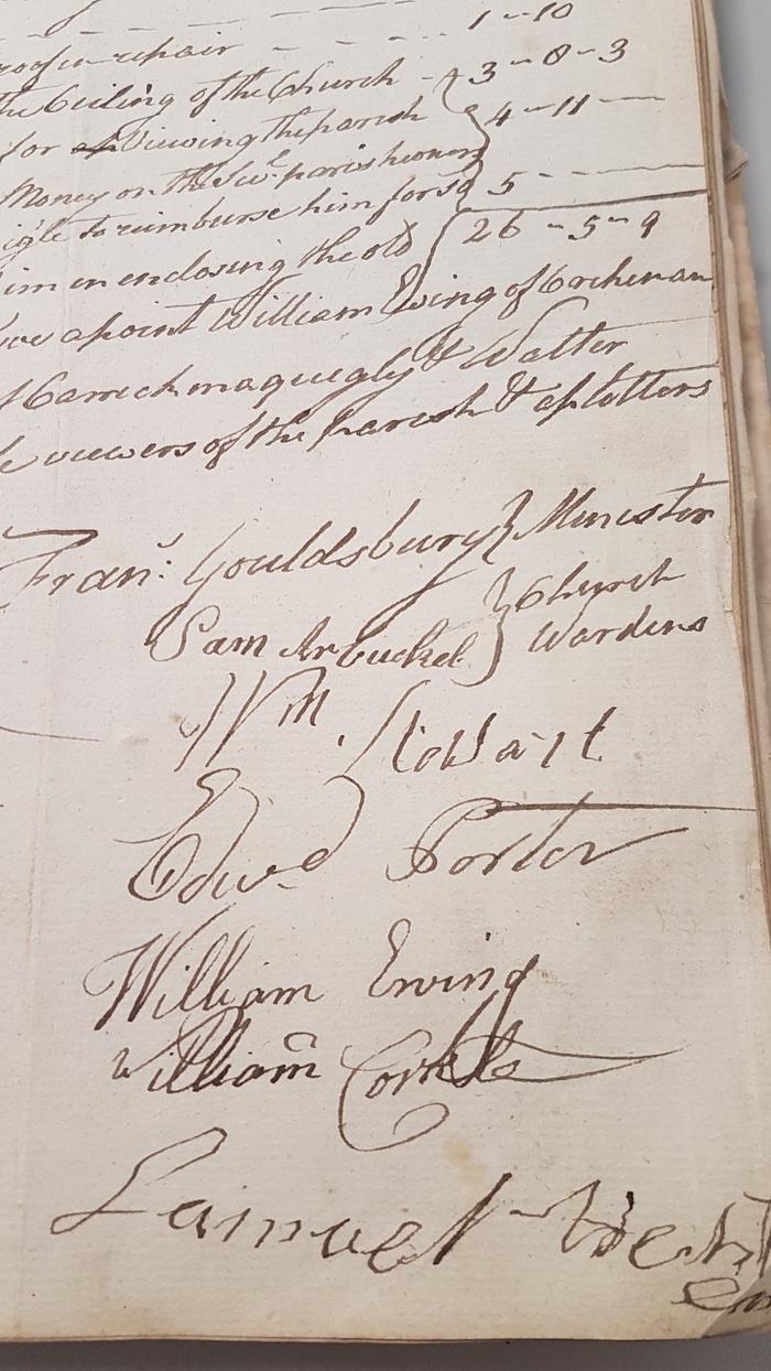 Vestry book page with signatures of Fran. Gouldsbury, minister, Sam Arbuckel, churchwarden, Wm Stewart, Edward Porter, William Ewing, William Corkle and Samuel
